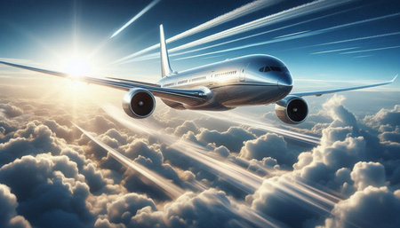 Airplane flying high in the sky. 3d render. Business travel concept
