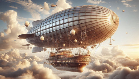 Airship in the sky. 3D illustration. Vintage style.