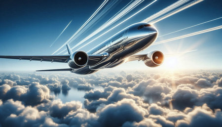 Airplane flying in the blue sky. 3d render illustration.