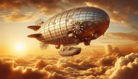 Airship flying high in the sky. 3d render illustration.