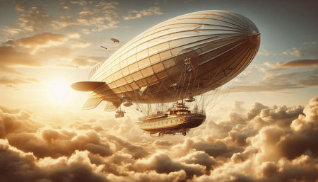 Airship in the sky with clouds. 3d render illustration.