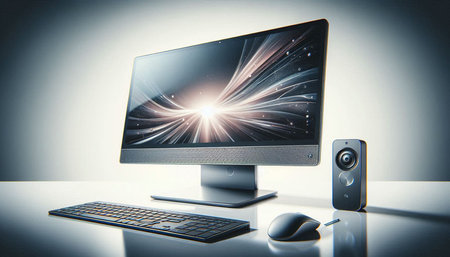 Computer screen and wireless mouse on a white background. 3d rendering