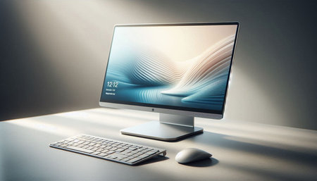 Closeup of modern desktop with computer and keyboard. Technology concept. 3D Rendering