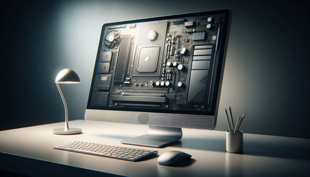 Computer screen with circuit board and mouse on table. 3d rendering