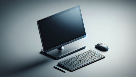 Computer with keyboard and mouse on a gray background. 3d rendering