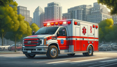 Ambulance on the road in the city. 3D rendering