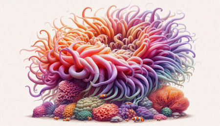 3d illustration of colorful coral reef with corals and seaweed