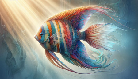 3d illustration of a goldfish swimming in the sea with rays of light