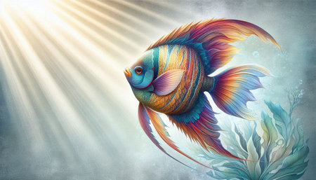 colorful fish on the background of the sea and the sun rays