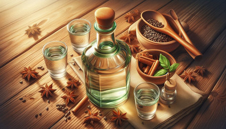 Herbs and spices in glass bottles on wooden background. 3d rendering