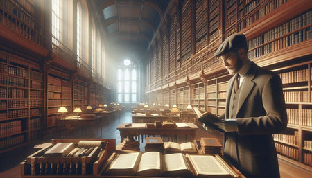 Man reading a book in the library. Mixed media. Mixed media
