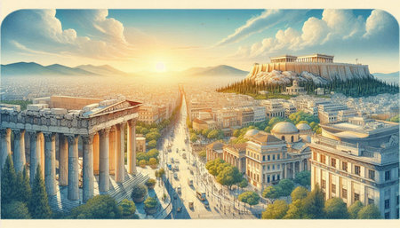 Panoramic view of Athens from Acropolis at sunset, Greece