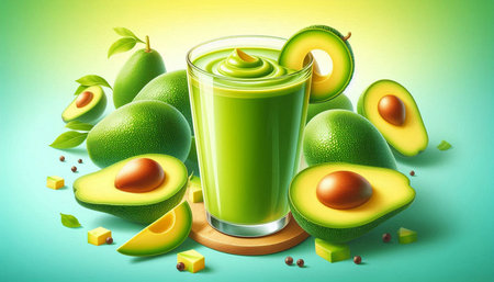 Avocado smoothie and ingredients on green background. Vector illustration.