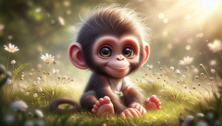 Little monkey sitting on the grass with daisies. 3d illustration