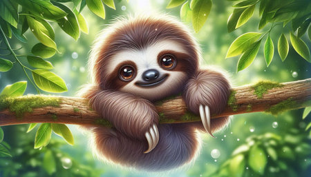 Cute sloth hanging on a branch in the jungle, 3d illustration