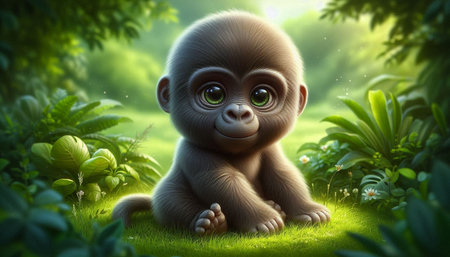 3d rendering of a cute baby monkey sitting on the grass in the jungle