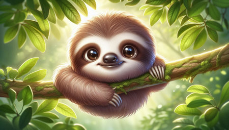 Cute cartoon sloth hanging on a tree branch in the jungle