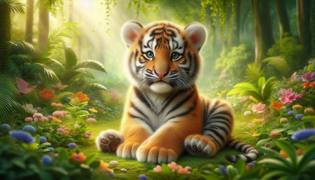 3D rendering of a tiger sitting in the jungle with flowers.