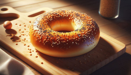 Freshly baked bagel with poppy seeds on wooden board, closeup