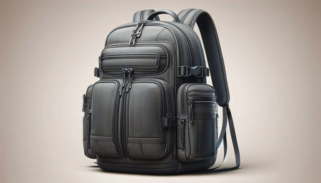 Black leather backpack on a gray background. 3d rendering image.