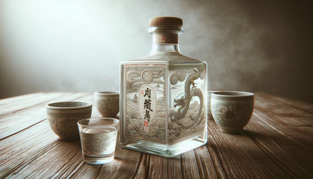 Bottle of sake and teapot on the wooden table.