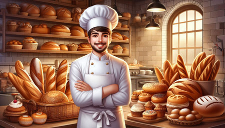 Baker in bakery. Bakery background. 3d illustration.
