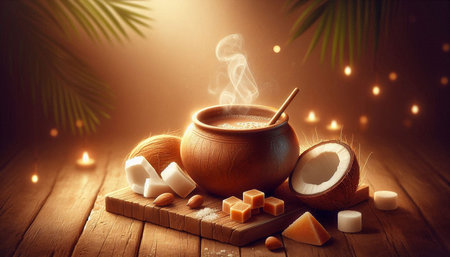 Coconut drink with sugar cubes and wooden bowl on wooden table