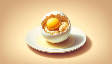 Boiled egg with egg yolk and worm on a white plate