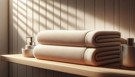 Luxury beige towels on the shelf. 3d rendering