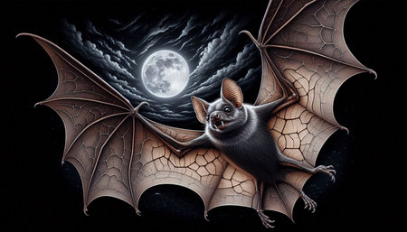 Bat flying in the night sky with full moon. Halloween illustration.