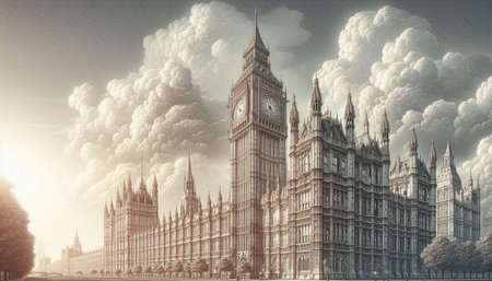 Big Ben and Houses of Parliament in London, UK. Digital painting