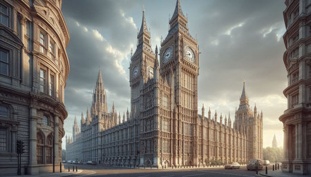 Big Ben and Houses of Parliament in London, UK. Panoramic image.