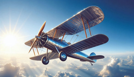 Old biplane flying in the sky. 3d render illustration.