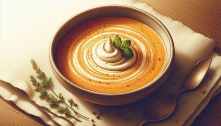 Pumpkin soup with cream and herbs on a wooden background.