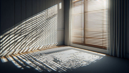 Sunlight through the blinds on the window. 3D rendering