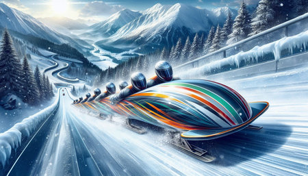 Bobsleigh on a winter road in the mountains. 3d rendering