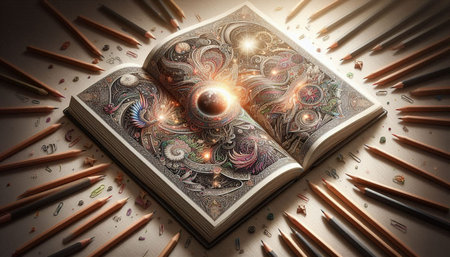 Magic book with color pencils on white background. 3d rendering