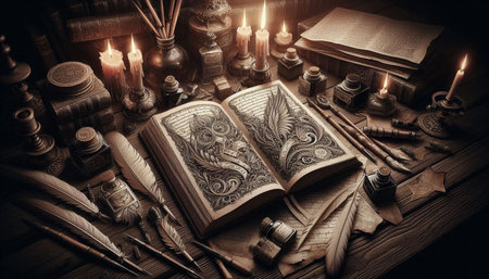 Old magic book with quill pen and inkwell on wooden table.