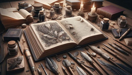 Old books, quill pen and inkwell on a wooden table