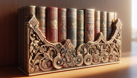 Old books in a row on the shelf. 3d illustration.