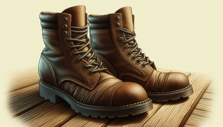 A pair of brown leather boots on a wooden surface. 3D rendering