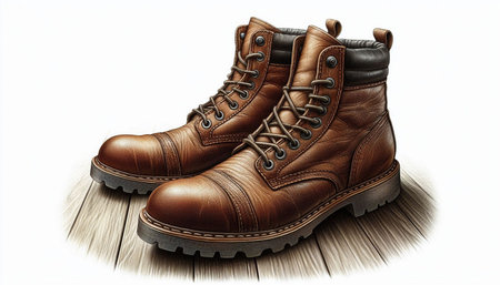 Pair of brown leather hiking boots isolated on white background with clipping path