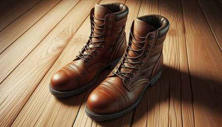 Pair of boots on wooden background. 3D render illustration.