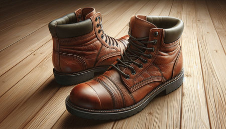 Men's leather boots on a wooden background. 3d illustration.