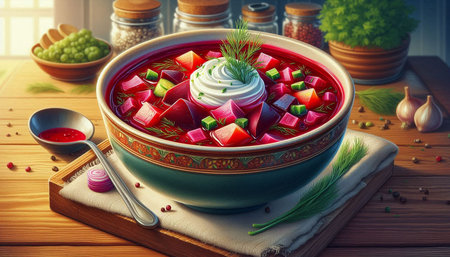 Traditional ukrainian borscht with sour cream on wooden table