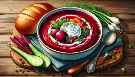 Beetroot soup with sour cream and fresh vegetables in bowl on wooden background