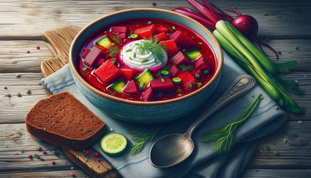 Traditional russian borscht soup with beetroot, cucumber, dill and sour cream.