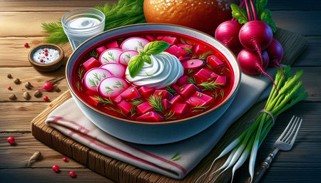 Traditional Russian borscht with beetroot and sour cream on wooden background