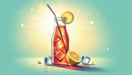 Cocktail with ice cubes, lemon and mint. Vector illustration