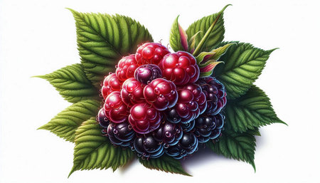 Berries of blackberry and raspberry on a white background with green leaves